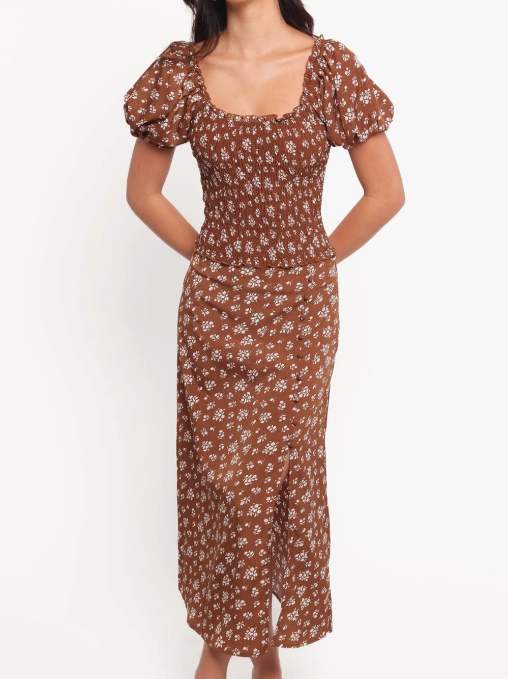 Petal & Pup Brown Floral Puff-Sleeve Midi Set Dress and Top